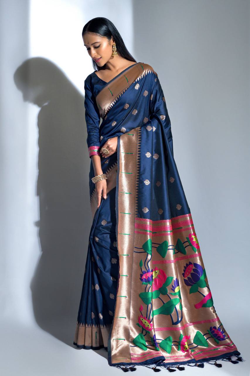 Blue Banarasi Soft Silk Paithani Saree With Zari Border
