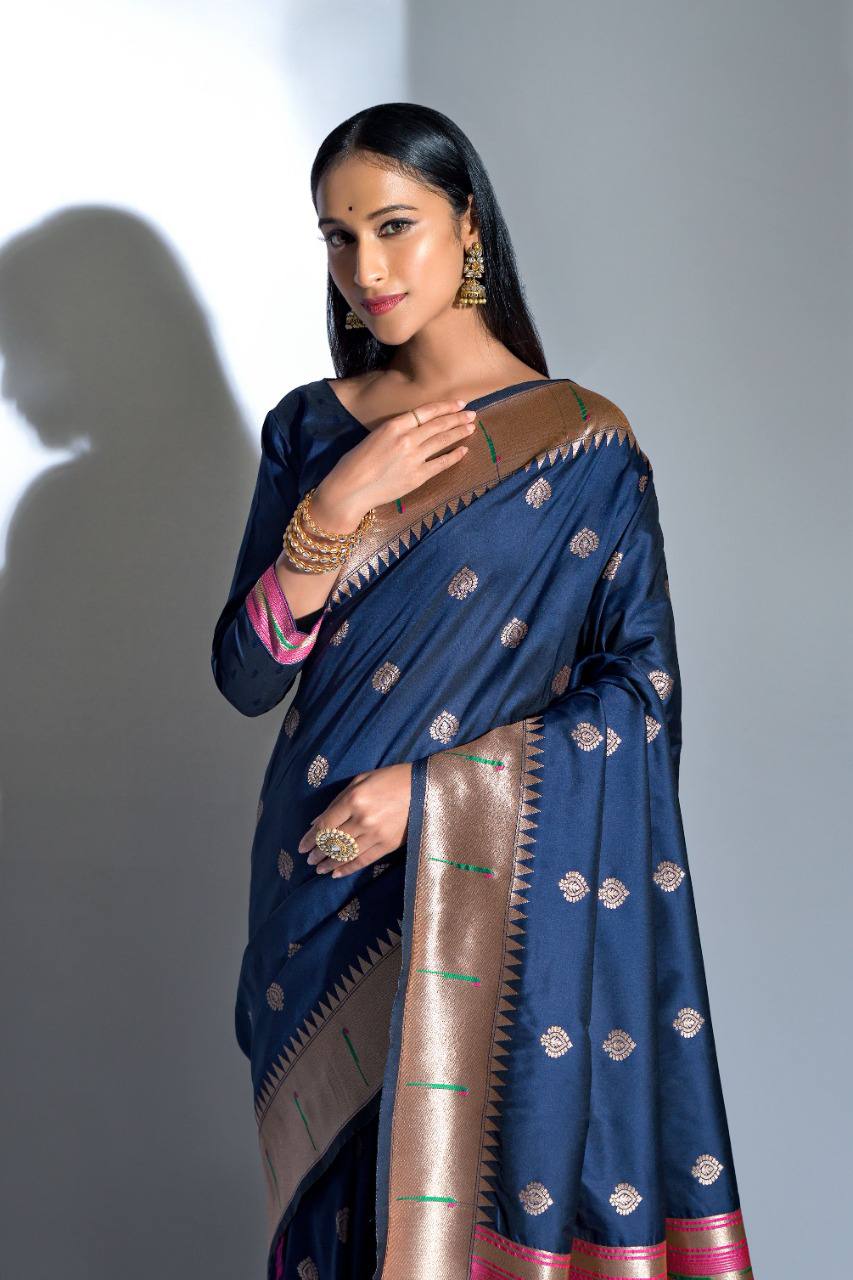 Blue Banarasi Soft Silk Paithani Saree With Zari Border