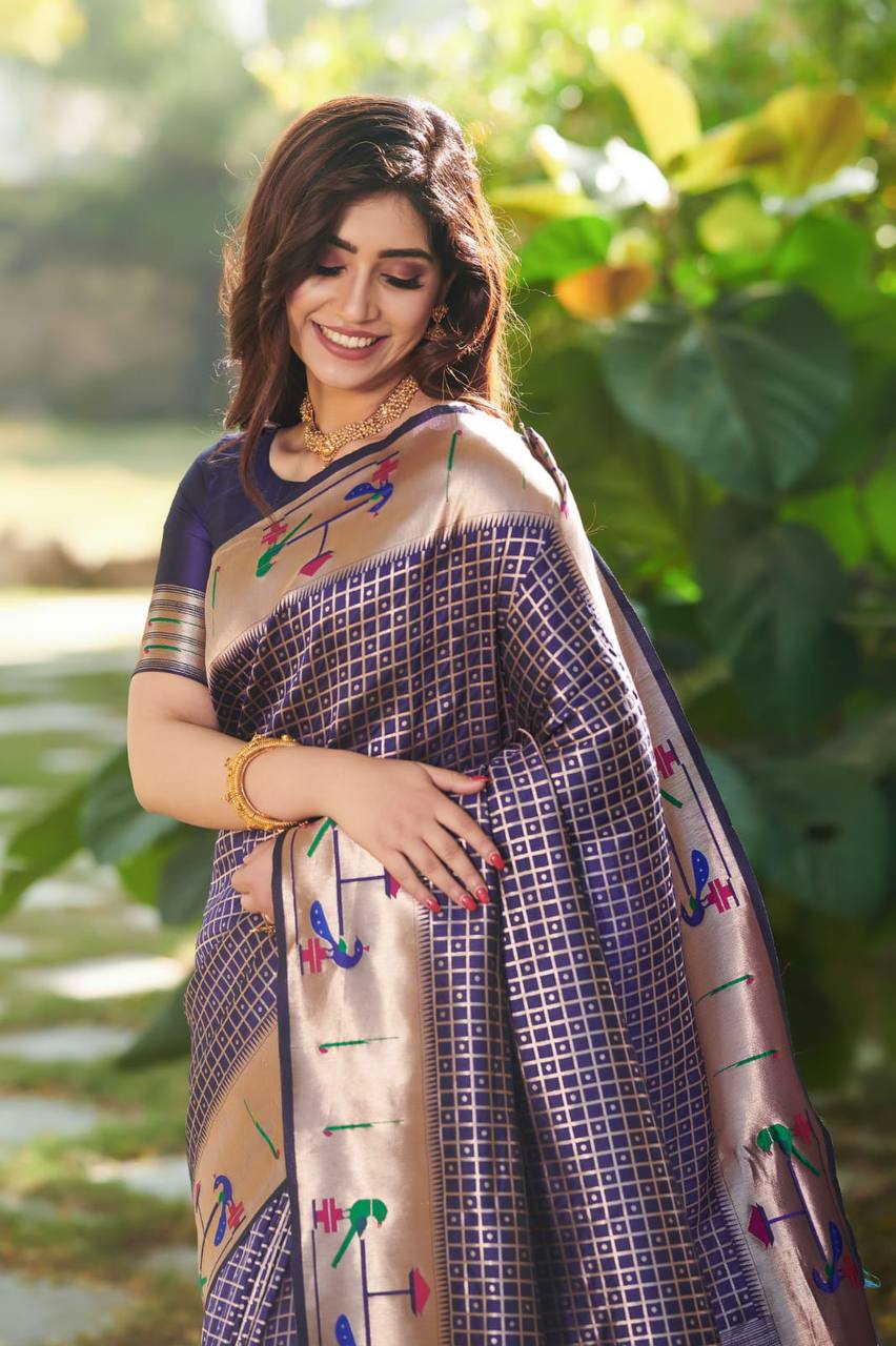 Blue Banarasi Soft Silk Paithani Saree With Fancy Meena Weaves