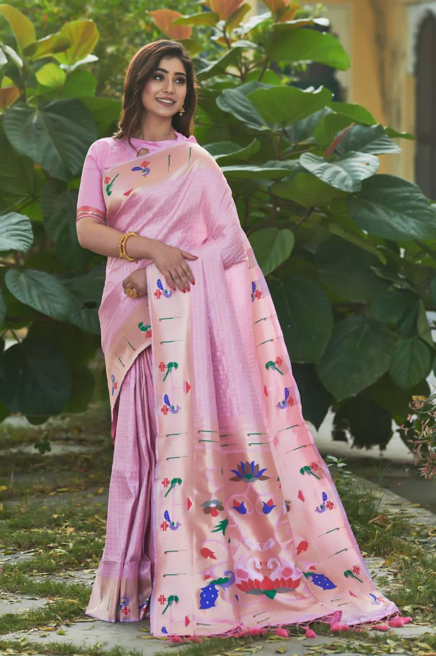 Pink Banarasi Soft Silk Paithani Saree With Fancy Meena Weaves