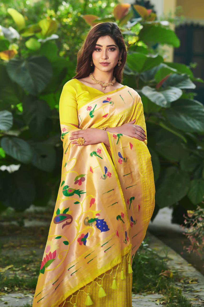 Yellow Banarasi Soft Silk Paithani Saree With Fancy Meena Weaves