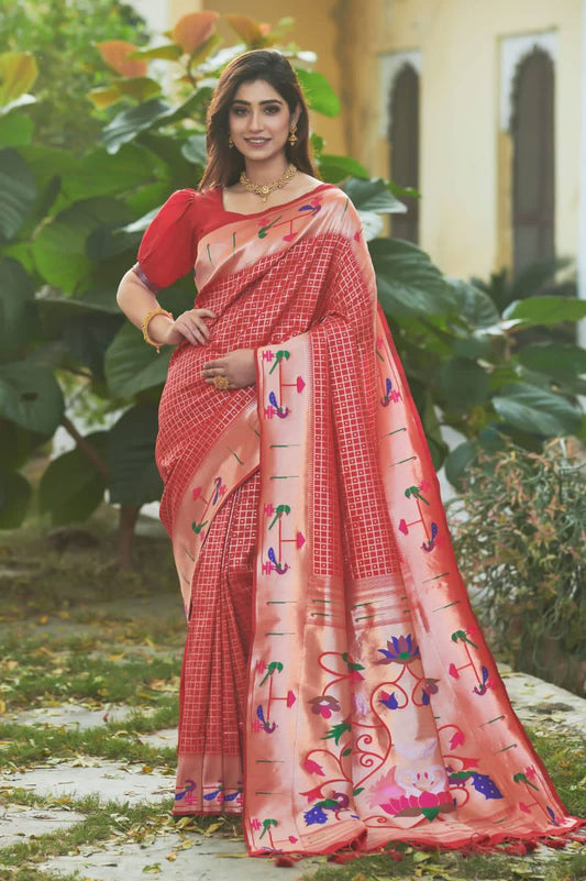 Red Banarasi Soft Silk Paithani Saree With Fancy Meena Weaves