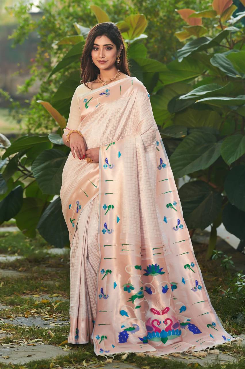 White Banarasi Soft Silk Paithani Saree With Fancy Meena Weaves