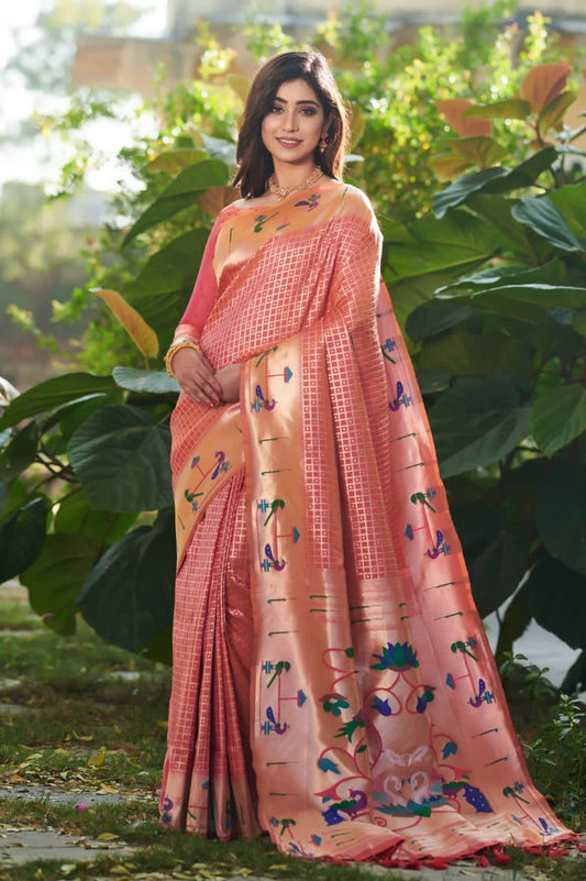Orange Banarasi Soft Silk Paithani Saree With Fancy Meena Weaves