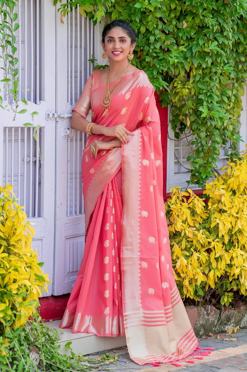 Pink Soft Assam Silk Saree With Zari Weaves Butties