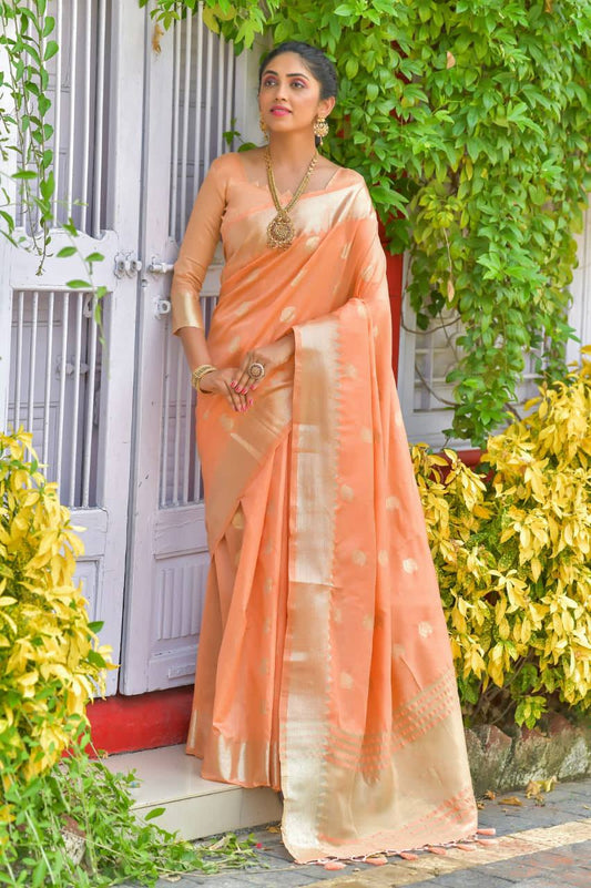 Orange Soft Assam Silk Saree With Zari Weaves Butties
