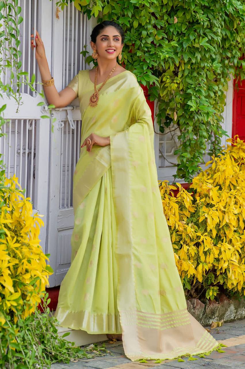 Green Soft Assam Silk Saree With Zari Weaves Butties