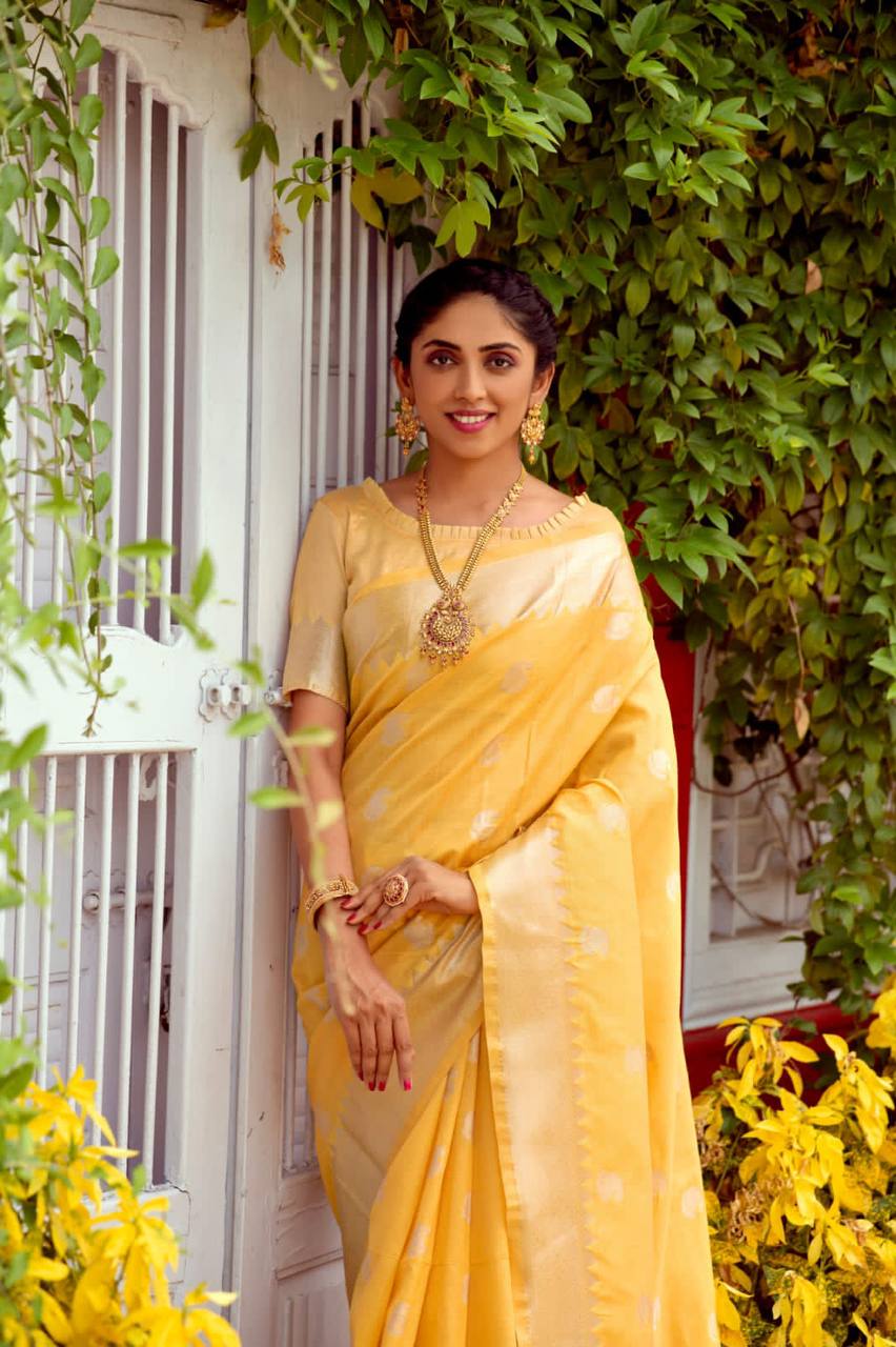 Yellow Soft Assam Silk Saree With Zari Weaves Butties