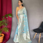 Sky Blue Pure Linen Slub Silk Saree With Orignal Zari Weaving