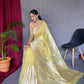Lemon Pure Linen Slub Silk Saree With Orignal Zari Weaving