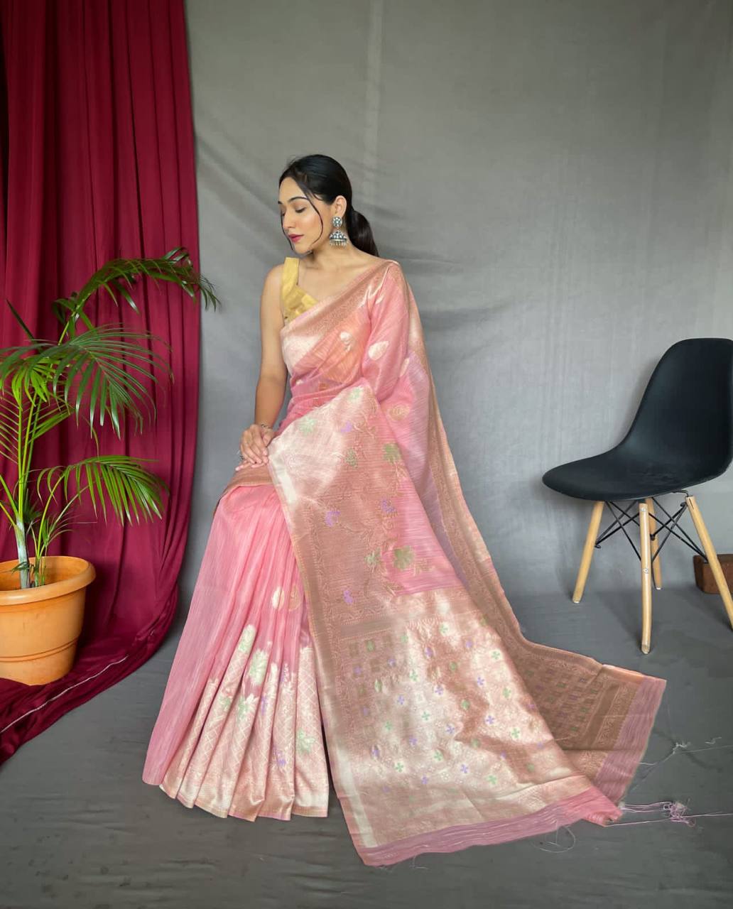 Pink Pure Linen Slub Silk Saree With Orignal Zari Weaving