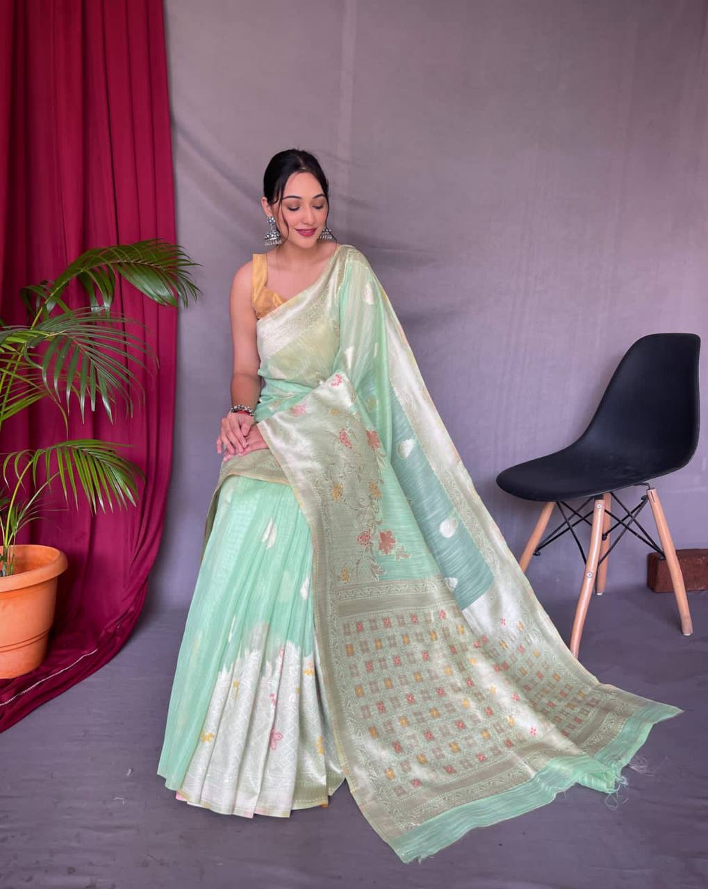 Teal Pure Linen Slub Silk Saree With Orignal Zari Weaving