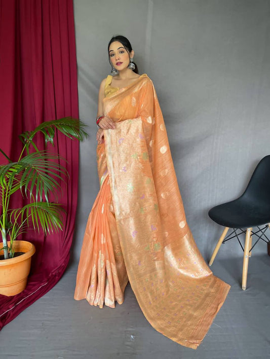 Orange Pure Linen Slub Silk Saree With Orignal Zari Weaving