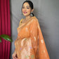 Orange Pure Linen Slub Silk Saree With Orignal Zari Weaving