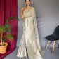 Grey Pure Linen Slub Silk Saree With Orignal Zari Weaving