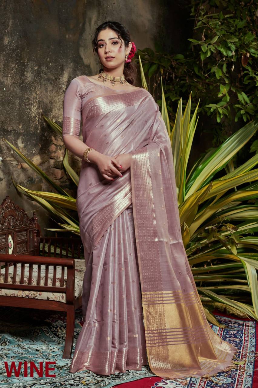 Wine Maheshwari Tissue Silk Weaving Saree