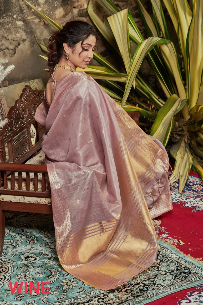 Wine Maheshwari Tissue Silk Weaving Saree