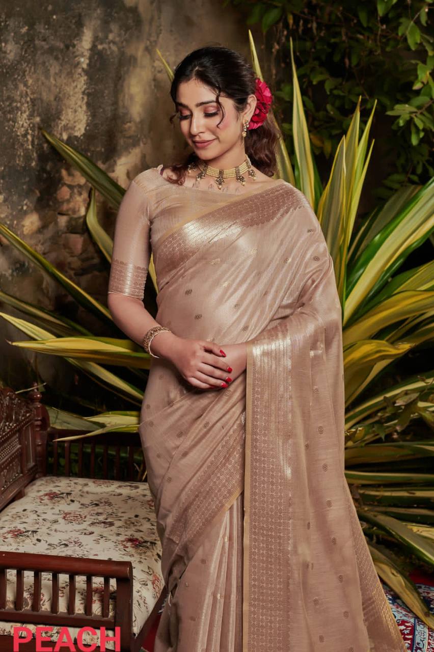 Peach Maheshwari Tissue Silk Weaving Saree