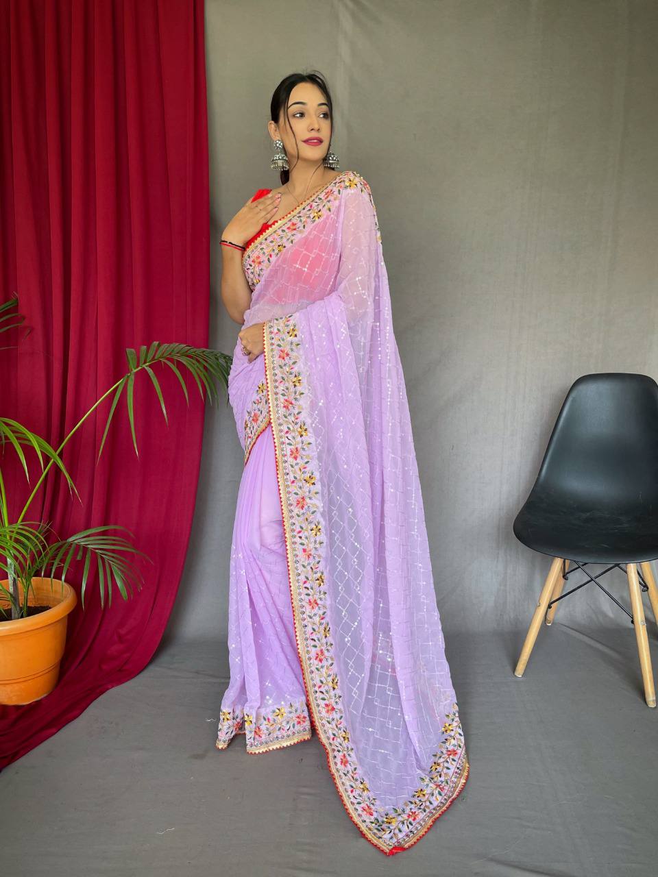 Purple Pure Georgate Saree With All Over Sequence Work