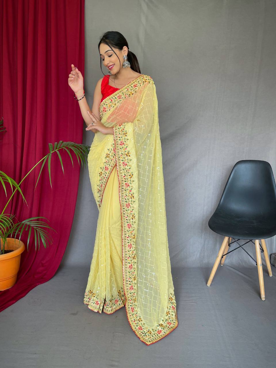 Lemon Pure Georgate Saree With All Over Sequence Work