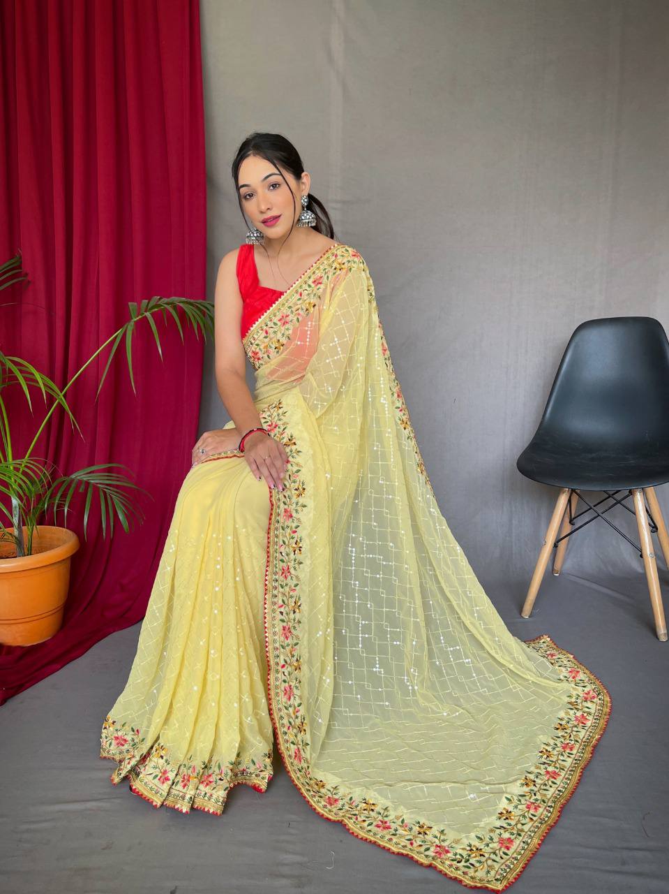 Lemon Pure Georgate Saree With All Over Sequence Work