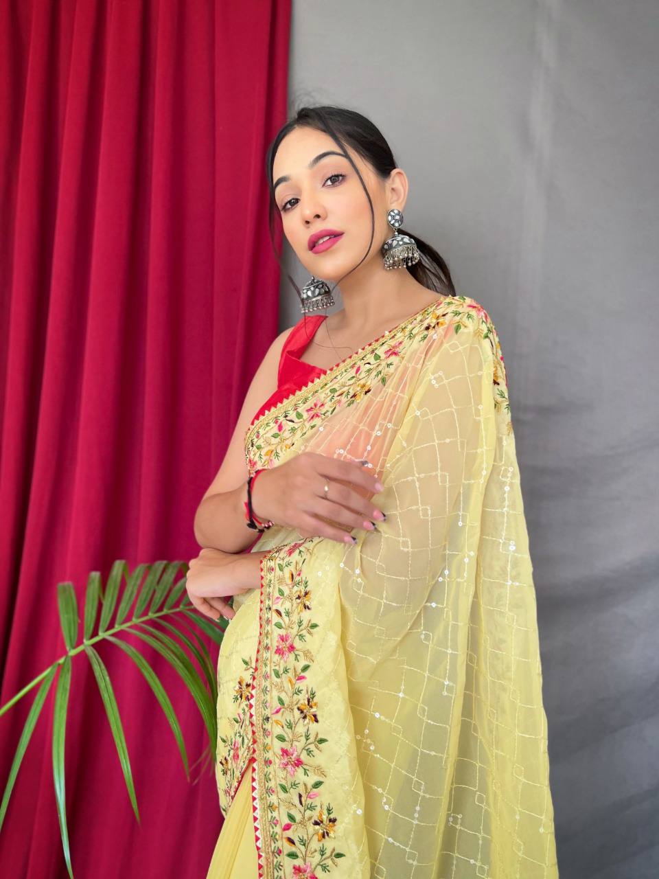 Lemon Pure Georgate Saree With All Over Sequence Work