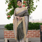 Grey Tussar Print Soft Saree With Zari Border