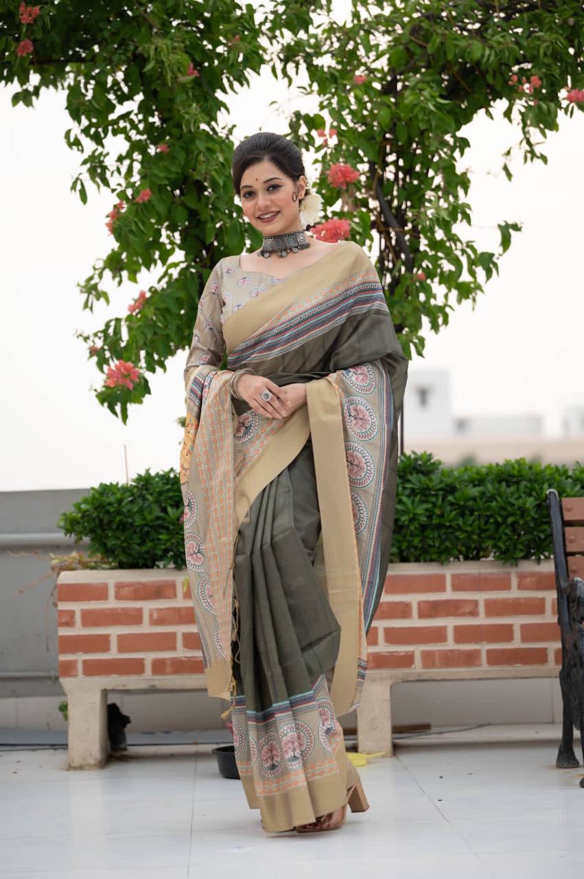 Grey Tussar Print Soft Saree With Zari Border