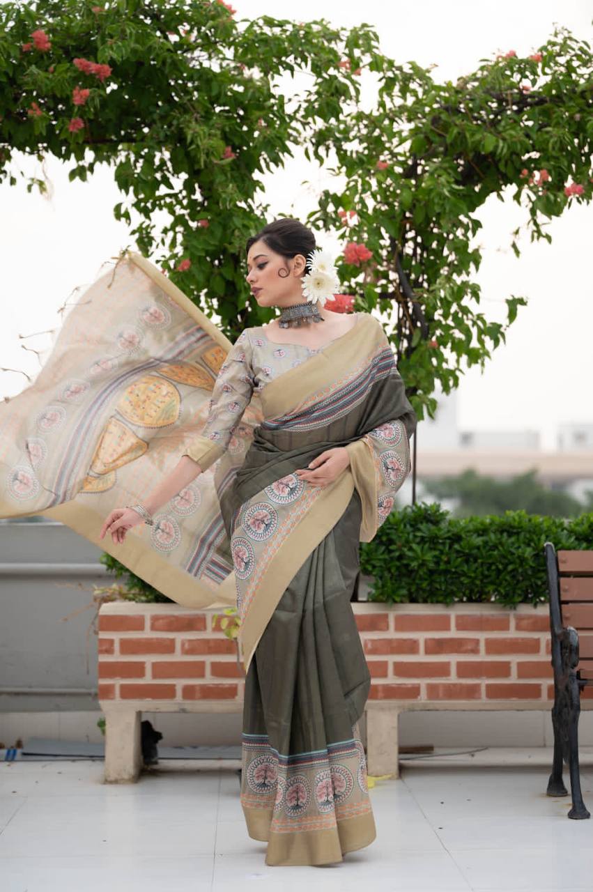 Grey Tussar Print Soft Saree With Zari Border