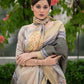 Grey Tussar Print Soft Saree With Zari Border