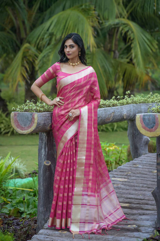 Rani Soft Organza Silk Saree With All Over Zari Weaving