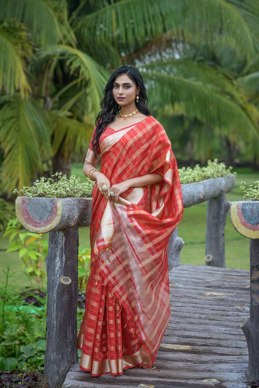 Red Soft Organza Silk Saree With All Over Zari Weaving