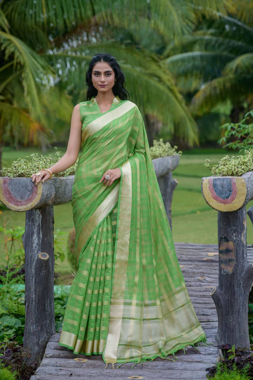 Green Soft Organza Silk Saree With All Over Zari Weaving