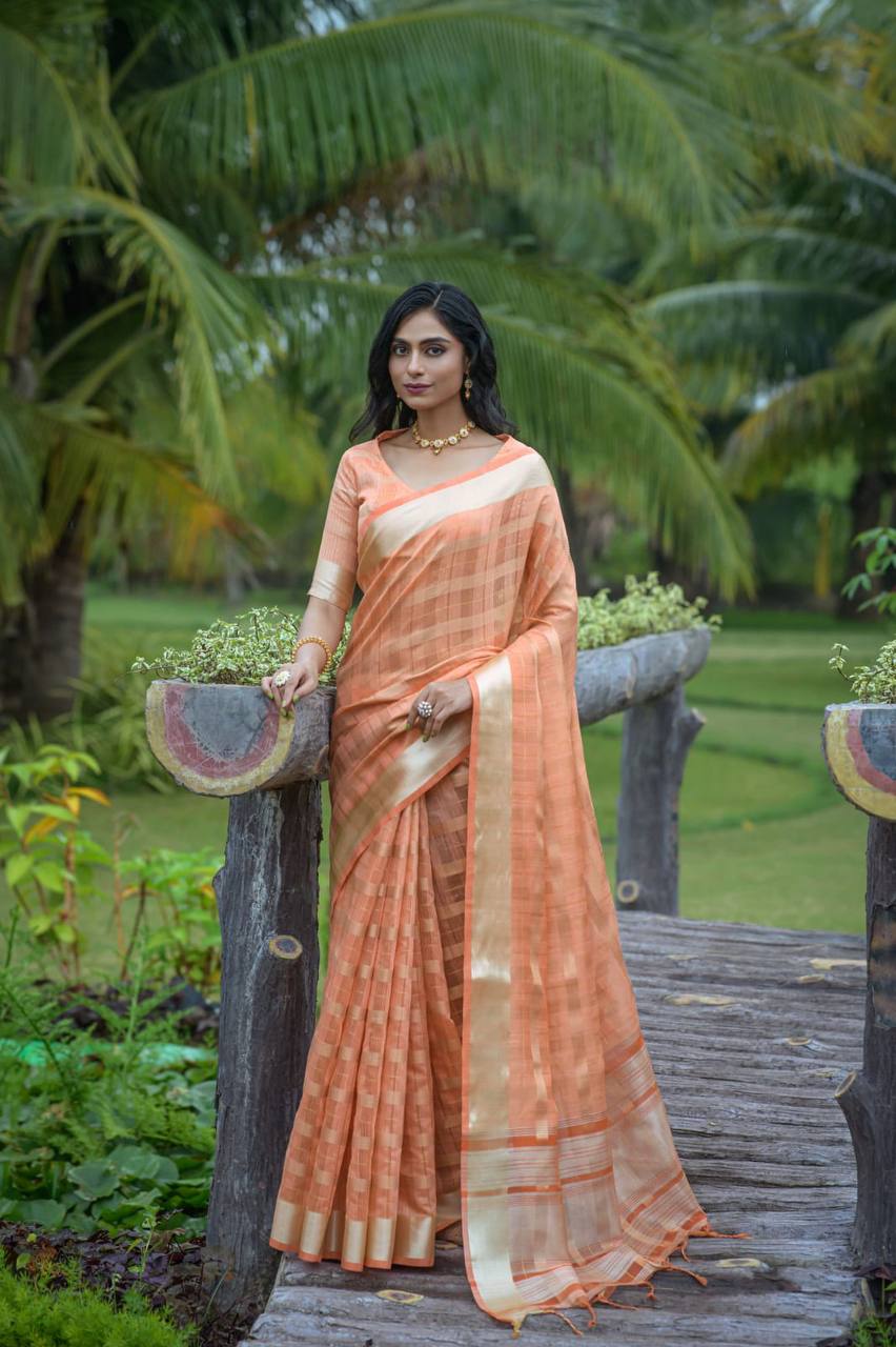 Orange Soft Organza Silk Saree With All Over Zari Weaving