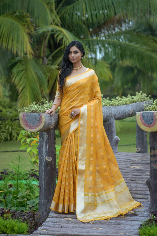 Yellow Soft Organza Silk Saree With All Over Zari Weaving