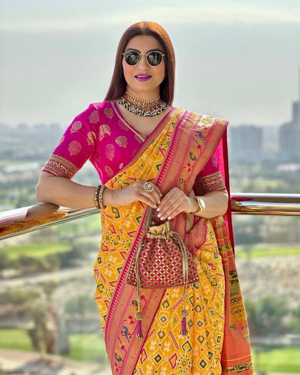 Yellow Banarasi Soft Silk Patola Saree With Fancy  Meena