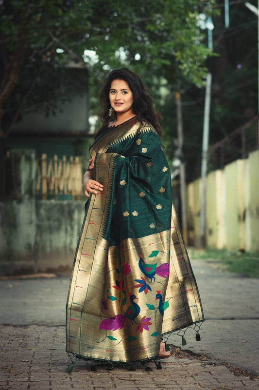 Green Banarasi Tussar Silk Paithani Saree With Pure Zari Woven Border