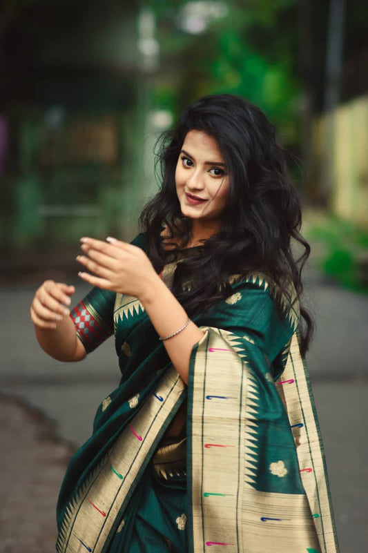 Green Banarasi Tussar Silk Paithani Saree With Pure Zari Woven Border