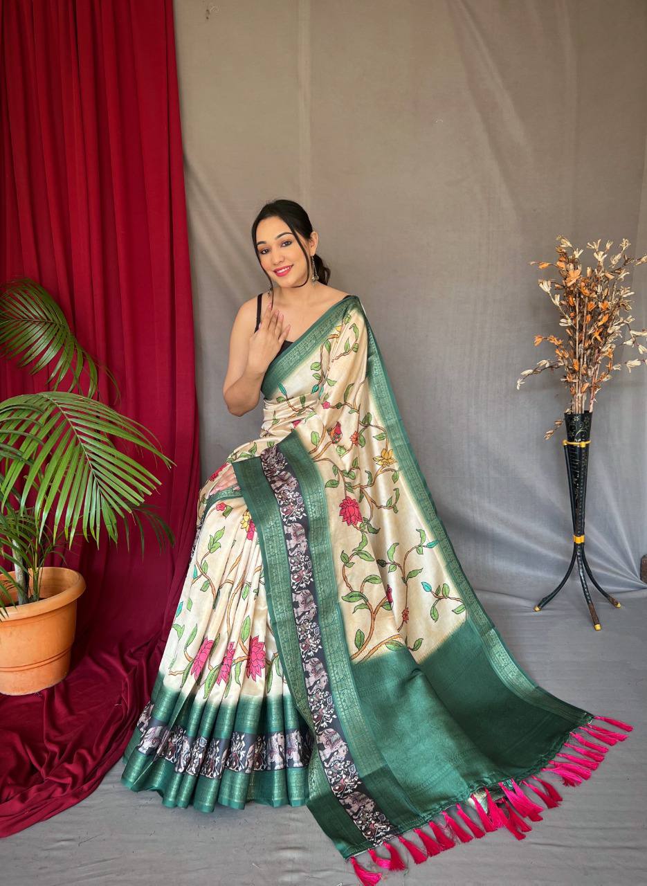 Cream Pure Kanchipuram Digital Printed Saree