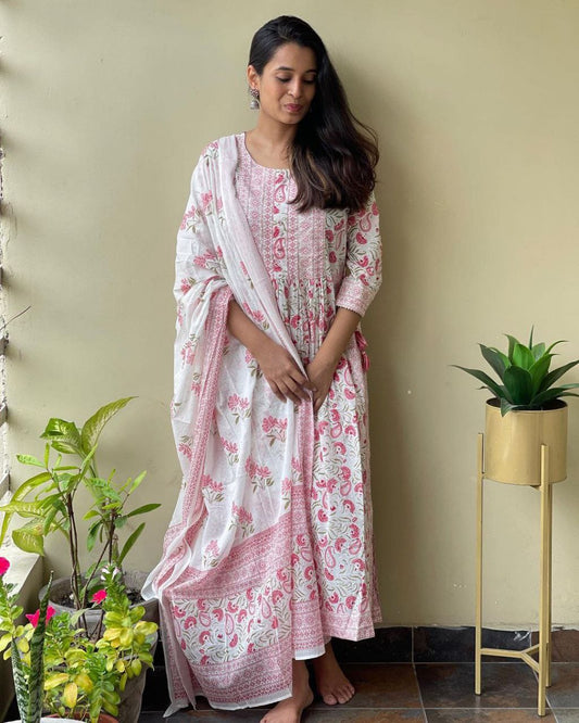 White Pink Printed Kurti Set