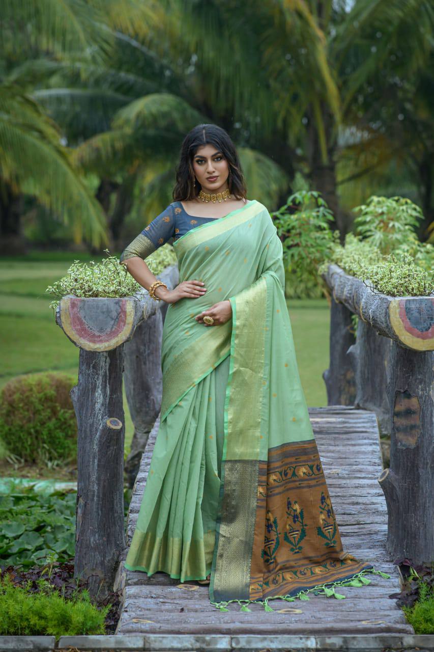 Green Premium Chanderi Silk Saree With Unique Meena Weaves