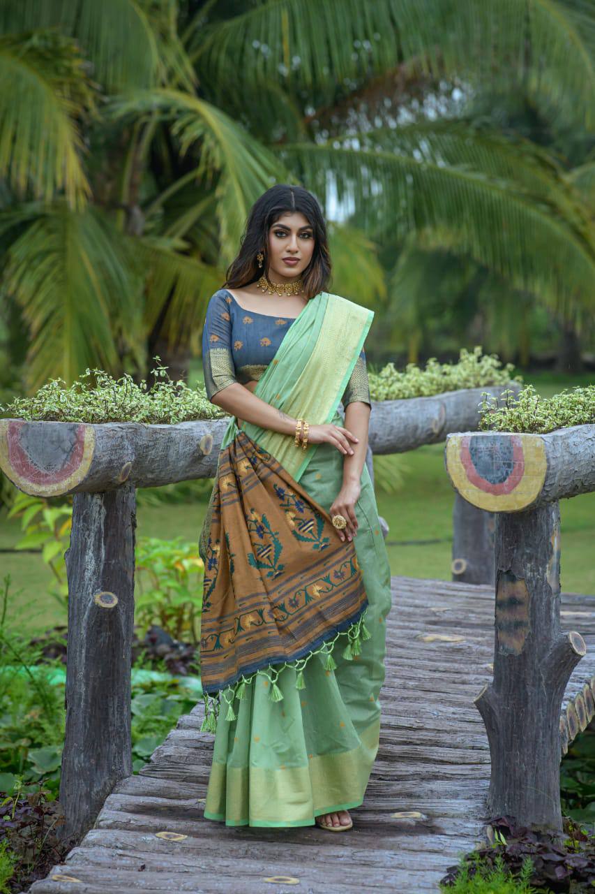 Green Premium Chanderi Silk Saree With Unique Meena Weaves