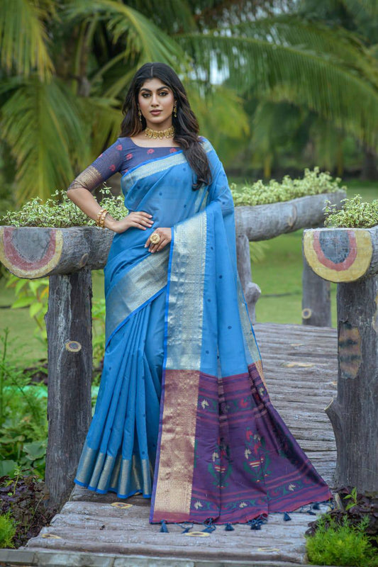Blue Premium Chanderi Silk Saree With Unique Meena Weaves
