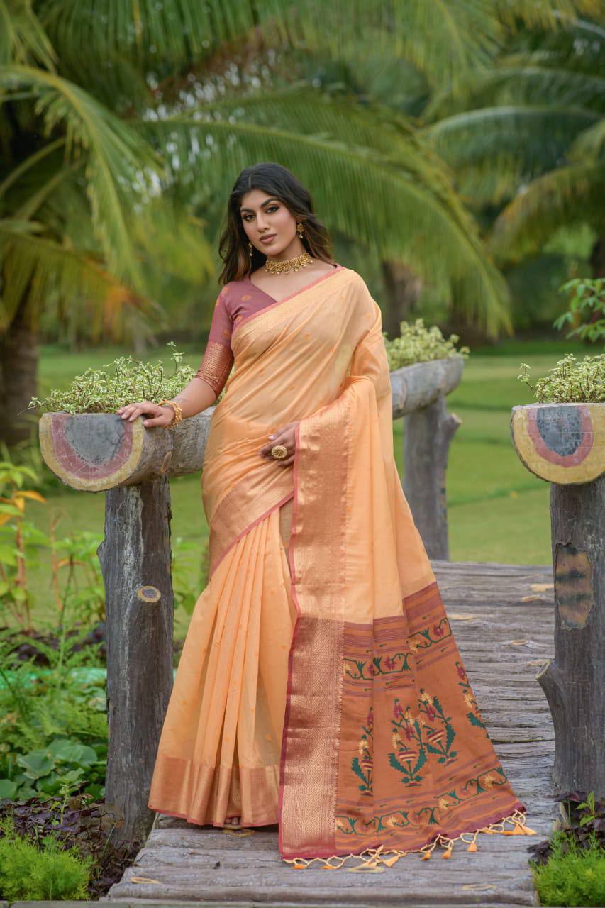 Orange Premium Chanderi Silk Saree With Unique Meena Weaves