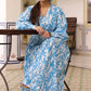 Sky Blue Printed Long Dress With Puffed Long Sleeves