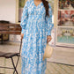 Sky Blue Printed Long Dress With Puffed Long Sleeves