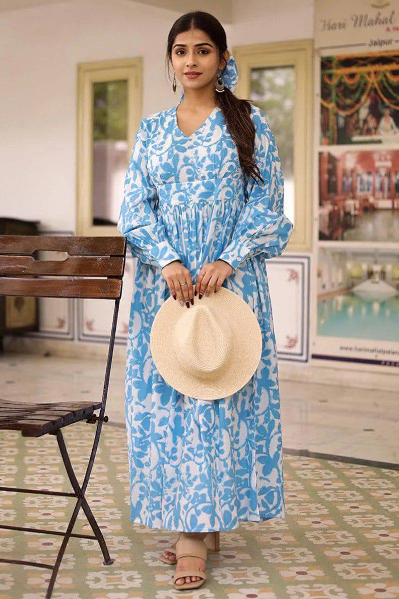 Sky Blue Printed Long Dress With Puffed Long Sleeves