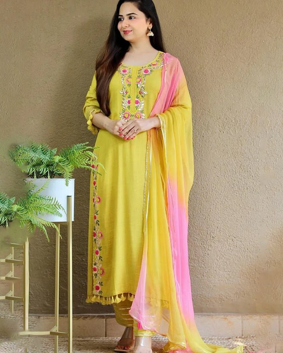 Lemon Pure Fine Rayon Fabric With Embroidery Naira Cut Kurta Set