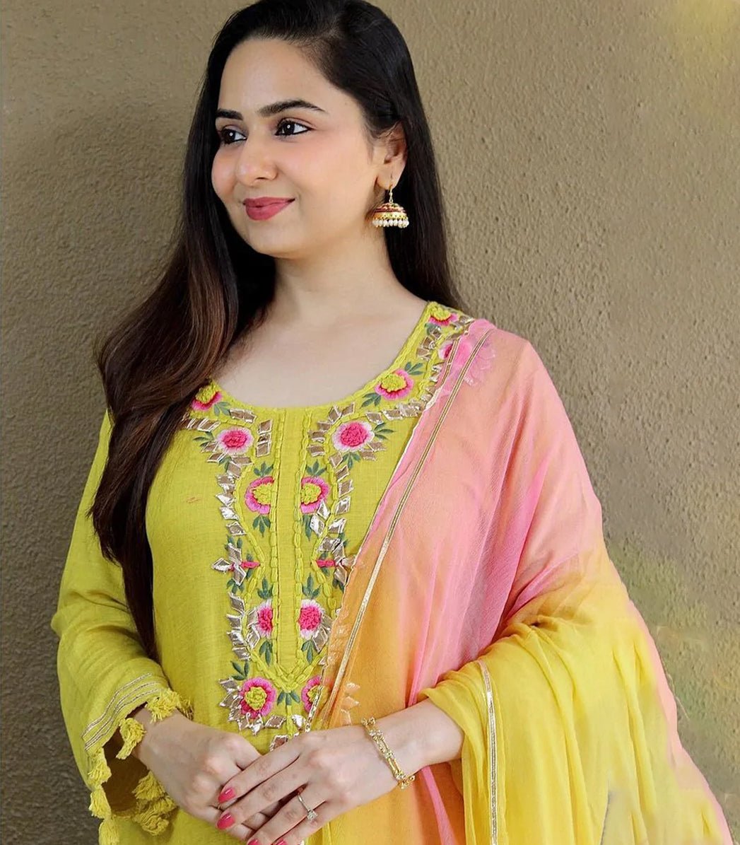 Lemon Pure Fine Rayon Fabric With Embroidery Naira Cut Kurta Set